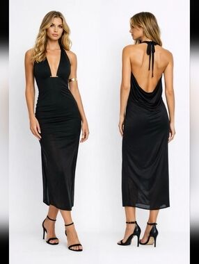 NEW Caroline Constas Black Halter Backless Sexy Mesh Plunge Body Y2k Large NWT